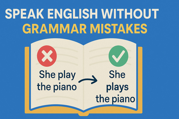 Illustration of a learner self-correcting English grammar while speaking
